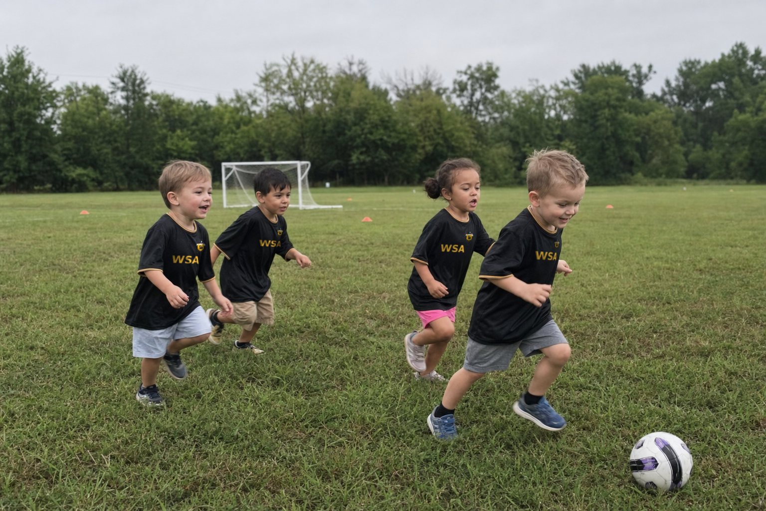 Young players in black and gold Wolves Soccer Academy shirts chasing a ball across a grass field